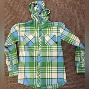 Burton‎  Green and Blue Plaid Button Down Hooded Flannel Fleece style Shacket/